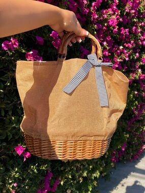 Woven Rattan Tote Bag with Tan Fabric and Gingham Bow